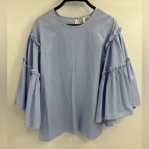 Women's DRA Blue White Stripes Long Sleeve bell Sleeves Blouse Shirt size xs